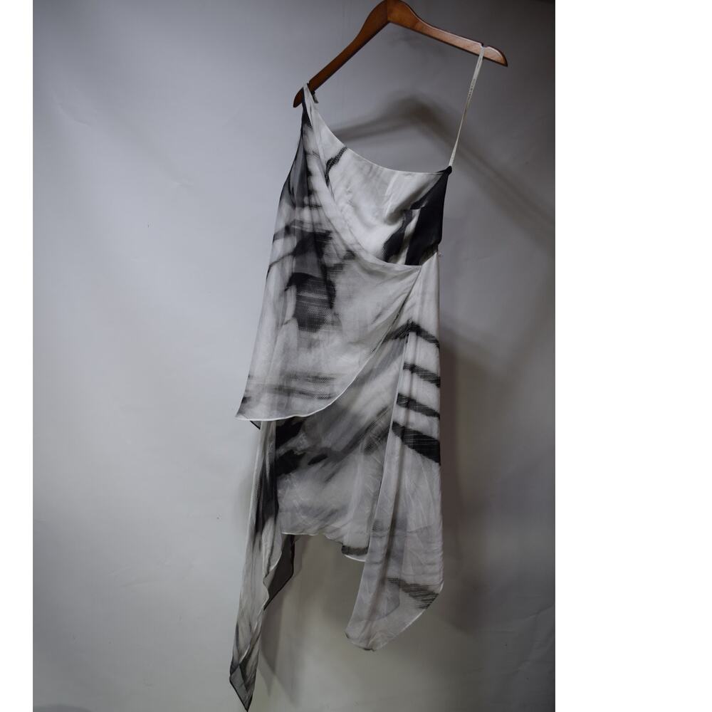 Halston Heritage Black Abstract Mirage Print Asymmetrical Draped Dress Medium